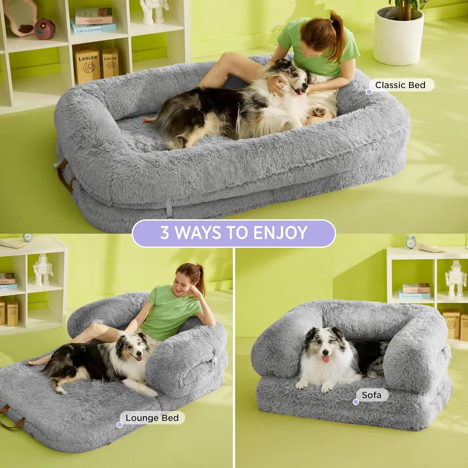 Foldable 3-in-1 Human Dog Bed with Orthopedic Foam, Waterproof Cover, and Soft Faux Fur - Grey