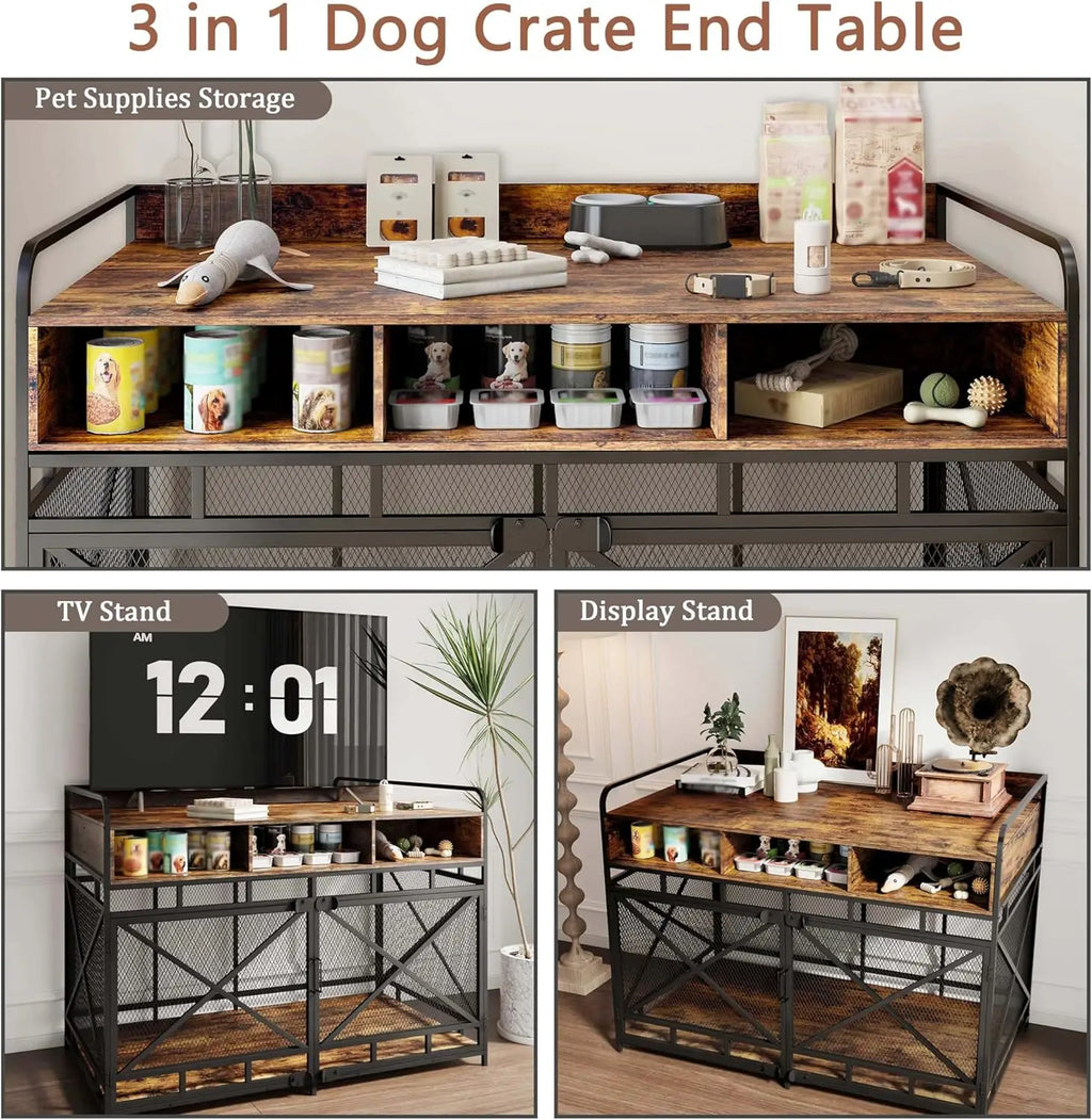 48" Wooden Dog Crate End Table with 3 Drawers,