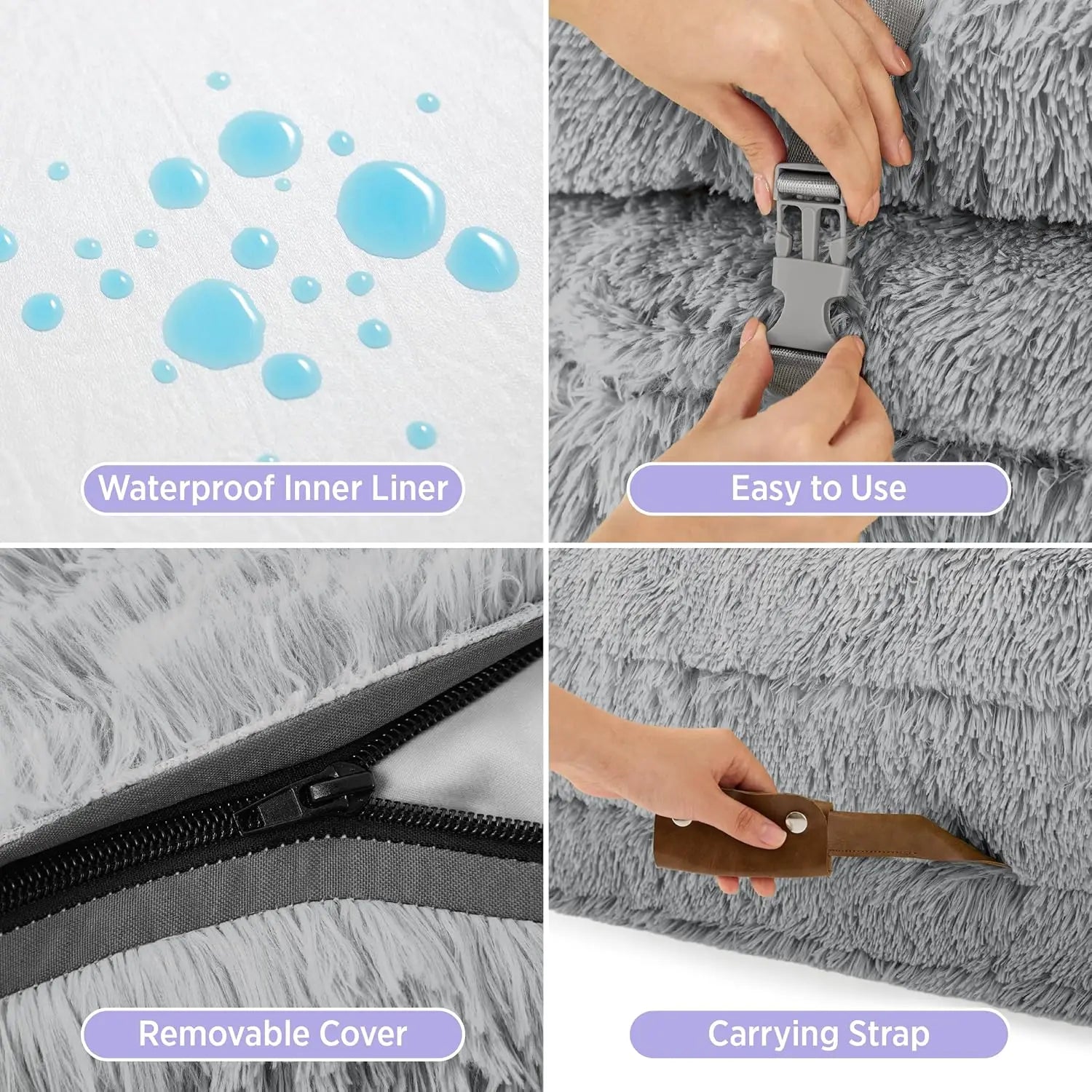 Foldable 3-in-1 Human Dog Bed with Orthopedic Foam, Waterproof Cover, and Soft Faux Fur - Grey