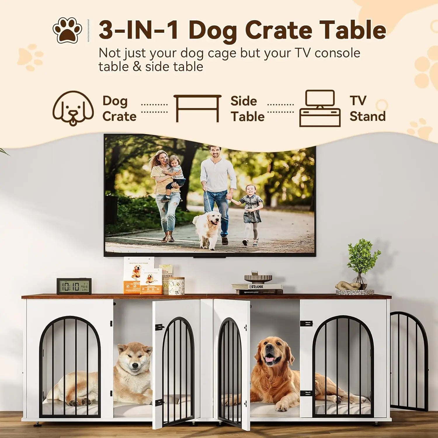 Dog Crate Furniture for 2 Dogs, 71"TV Stand with Removable Divider