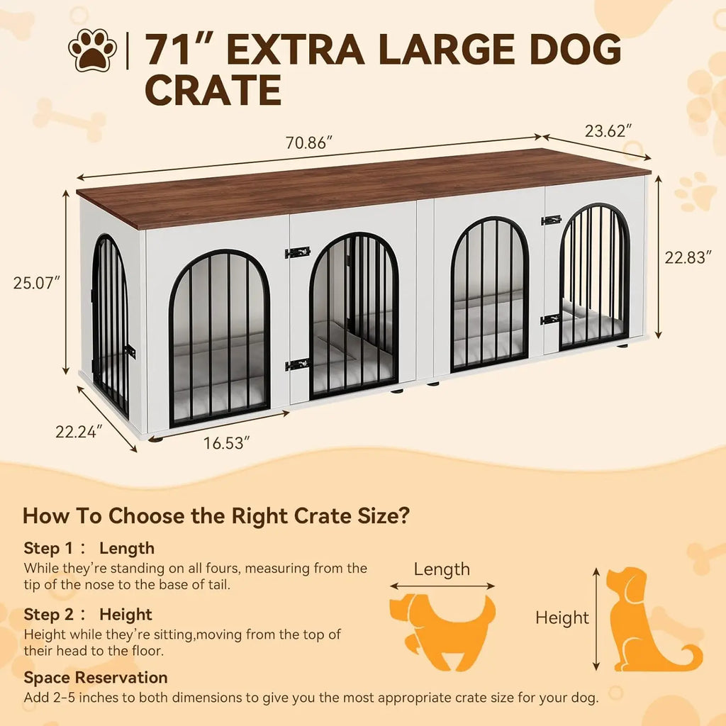 Dog Crate Furniture for 2 Dogs, 71"TV Stand with Removable Divider