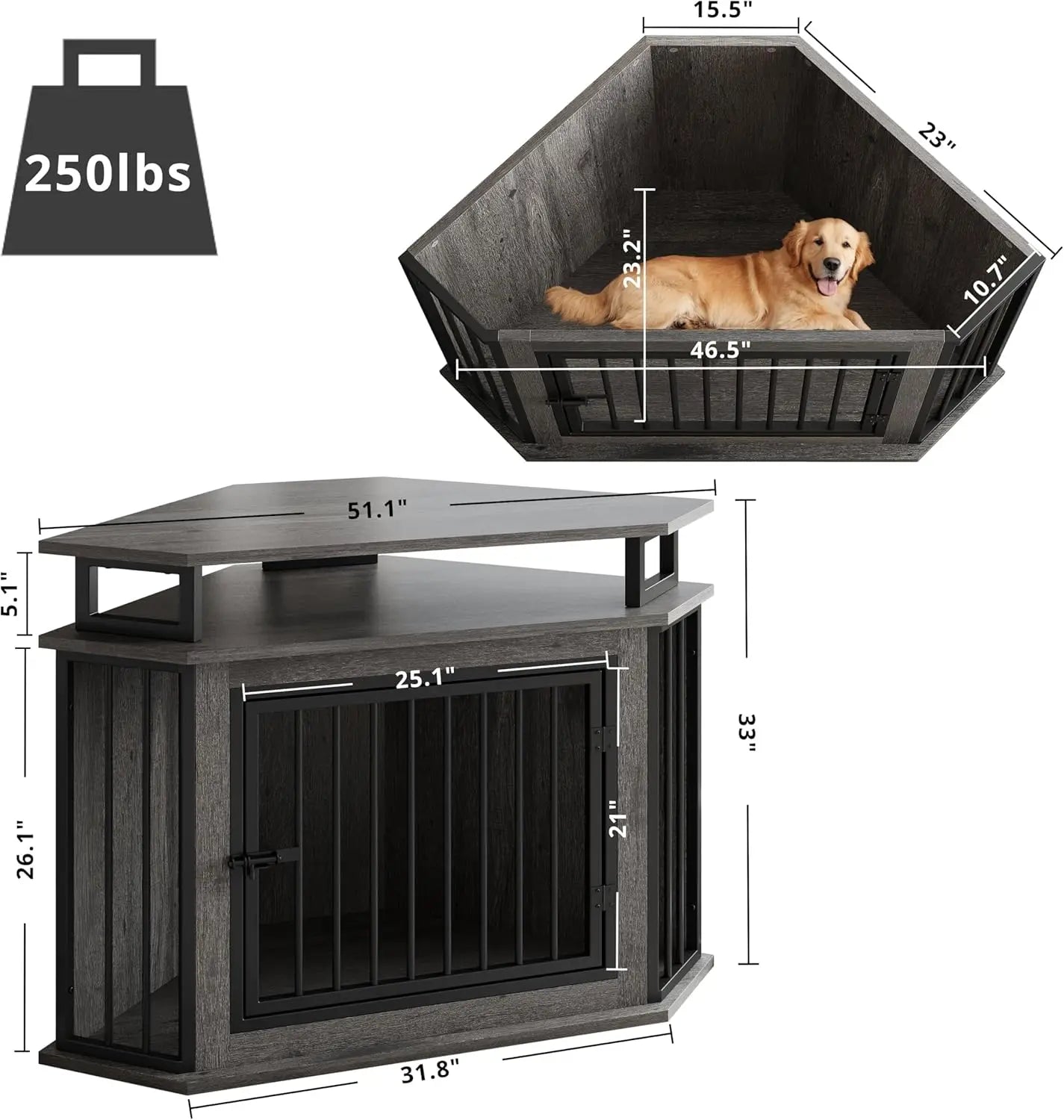 51" Corner Wooden Dog Crate