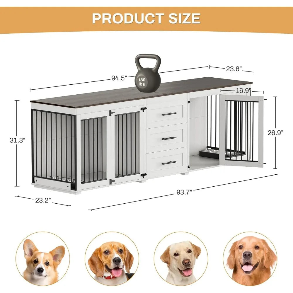 94.5" Large Dog Crate Furniture for 2 Dogs