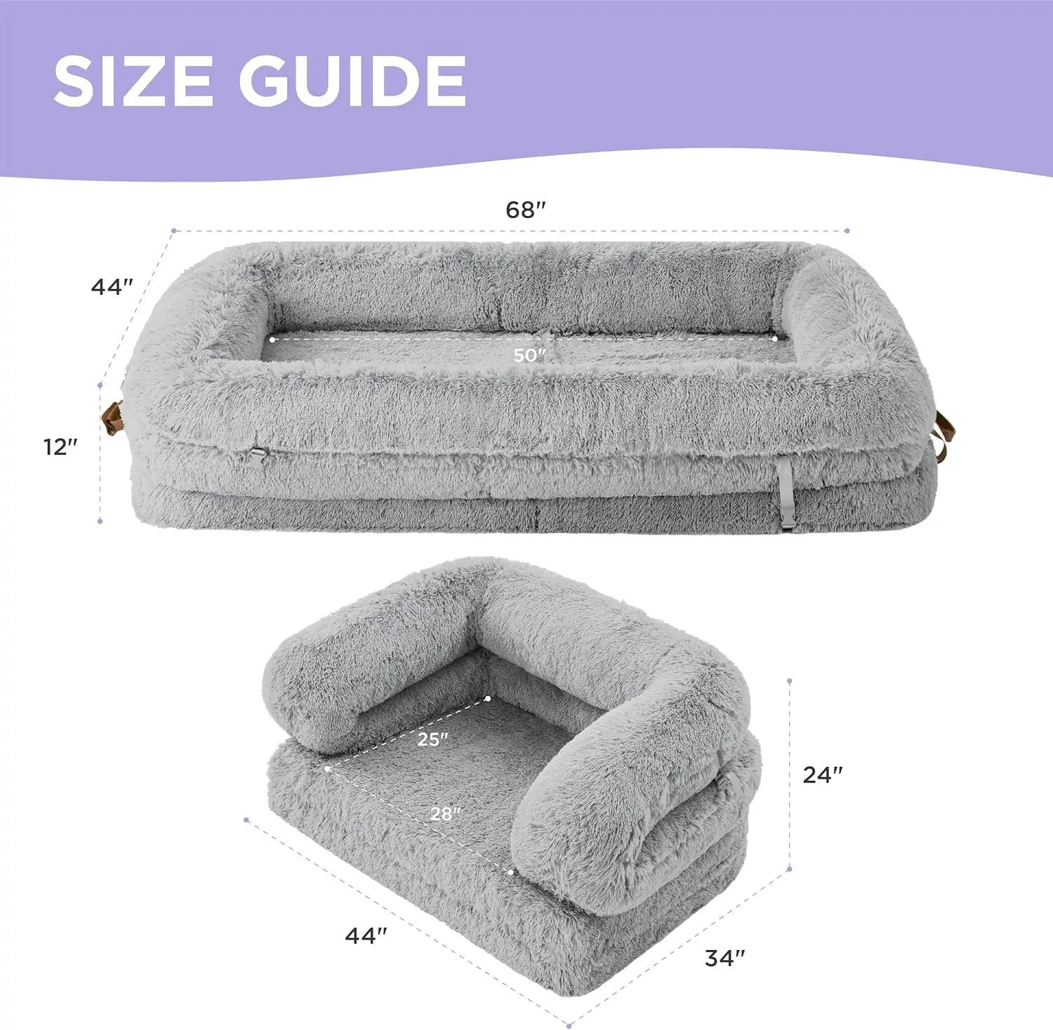 Foldable 3-in-1 Human Dog Bed with Orthopedic Foam, Waterproof Cover, and Soft Faux Fur - Grey