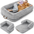 Foldable 3-in-1 Human Dog Bed with Orthopedic Foam, Waterproof Cover, and Soft Faux Fur - Grey